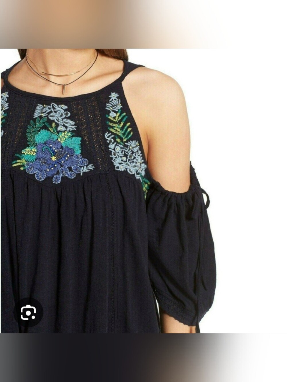 Free People Navy Blue  Cold-Shoulder Embroidered Top, Size S. - Picture 2 of 16
